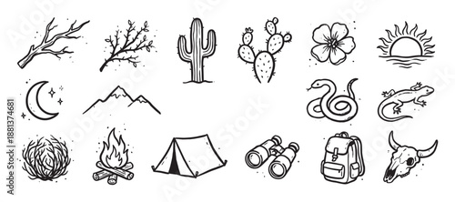 Hand drawn black and white desert icons featuring a cactus, snake, skull, tent, and campfire in a minimalist doodle style for adventure and camping themes