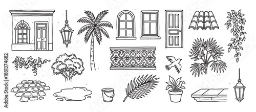 Set of hand-drawn architectural and nature elements in a simple black and white doodle style, featuring a building facade, palm tree, windows, doors, and plants for a tropical theme