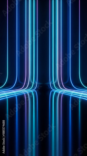 Futuristic Neon Blue Light Lines with Reflective Abstract Background