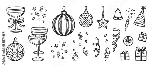Set of hand-drawn festive doodle illustrations featuring party and holiday elements like ornaments, gifts, confetti, and champagne glasses for a celebratory design