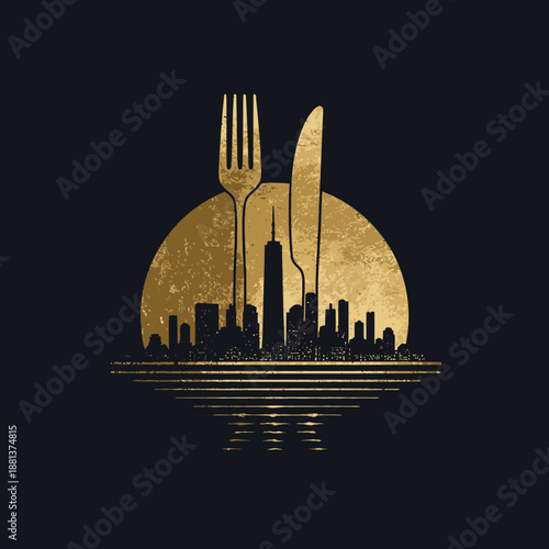 Sophisticated Golden Cityscape and Cutlery Icon for Urban Restaurant, Food Service, Dining Concept, and Bistro Logo