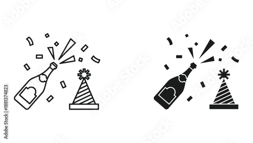 Celebration icon set with champagne bottle and party hat