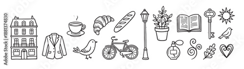 Set of hand-drawn black icons representing European city life with a building, croissant, coffee, bicycle, and romantic symbols in a charming doodle style