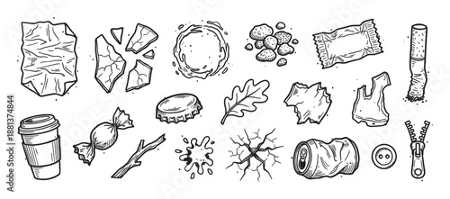 Hand-drawn black and white set of trash and litter icons including a crushed can, cigarette butt, and coffee cup in a detailed sketch doodle style illustration collection