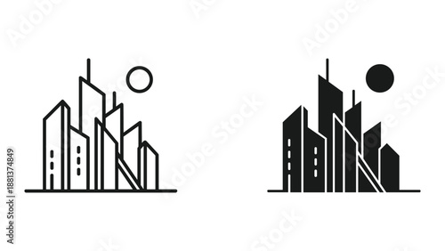 City skyline icon set with sun or moon