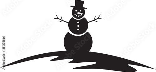 Black and white silhouette of a smiling snowman with a hat and arms outstretched