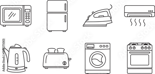 Outline icons set of common household kitchen and laundry appliances