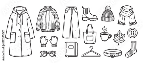 Set of hand drawn autumn clothing and accessories in a simple black and white doodle style, including a coat, sweater, jeans, boots, scarf, and hat for a cozy seasonal look