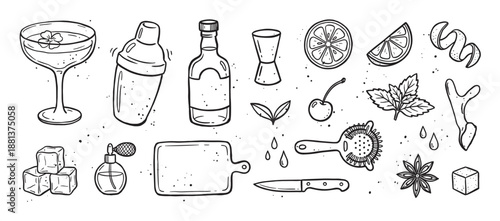 Set of hand-drawn cocktail making icons including a shaker, glass, bottle, and garnishes in a black and white doodle style for a bar menu or beverage concept