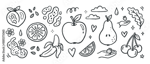 Hand-drawn fruit doodle set with apple, pear, cherry, and lemon in a minimalist black and white line art style, a charming collection of healthy food icons and decorative elements