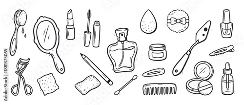Hand-drawn doodle set of various makeup and beauty products including lipstick, mascara, perfume, and a mirror, rendered in a charming black and white line art illustration style