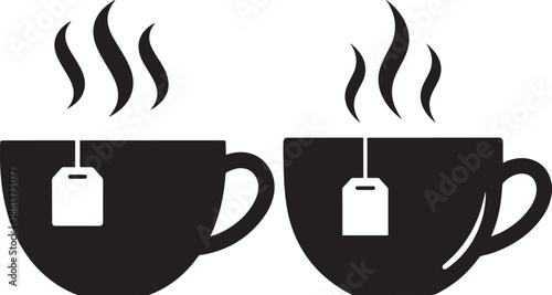 Hot Tea or Coffee Cup Icons with Tea Bag and Steam, Black and White Vector Illustration for Cafe, Breakfast, and Relaxation