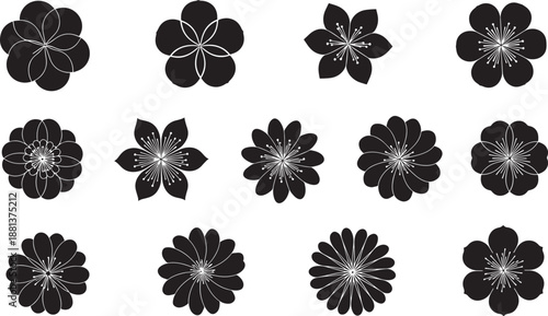 Variety flower silhouette black vector set collection different shapes petals