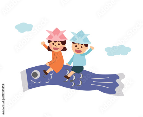 鯉のぼりに乗っている子ども達