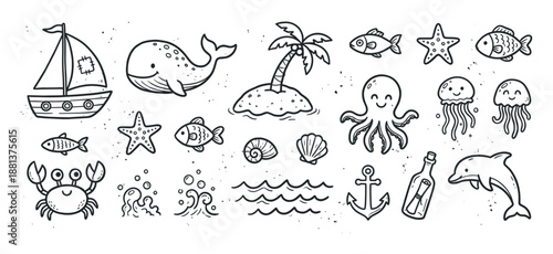 Collection of cute hand-drawn sea life doodles featuring a whale, octopus, dolphin, and sailboat in a charming cartoon sketch style for children's illustrations