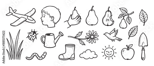 Collection of charming hand-drawn doodle icons representing childhood, nature, and gardening themes like fruits, animals, and tools, rendered in a simple black and white line art style