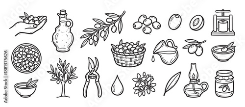 Hand-drawn black and white icon set of olives and olive oil production elements, featuring a branch, tree, basket, bottle, press, and other agricultural symbols in a rustic doodle style