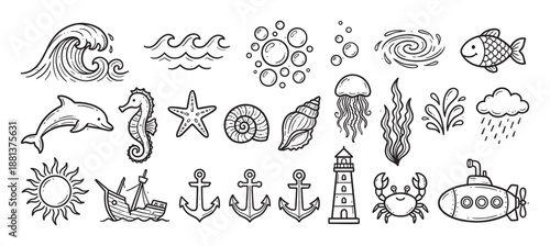 Large set of hand drawn nautical icons and marine life illustrations in a black and white doodle style, featuring a dolphin, crab, submarine, lighthouse, anchor, and ocean waves