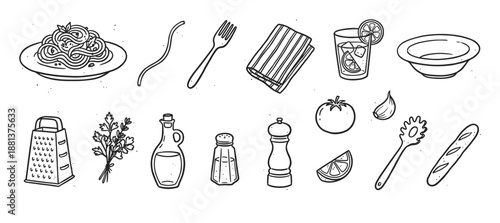 Hand-drawn black and white food icons set for a pasta dinner, including spaghetti, olive oil, grater, tomato, and garlic in a simple doodle line art illustration style