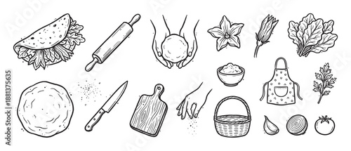 Set of hand-drawn cooking icons featuring a taco, rolling pin, dough, vegetables, and kitchen utensils in a detailed black and white sketch style illustration collection