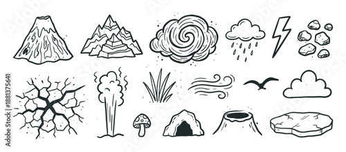 Set of hand-drawn nature and geology icons including a volcano, mountain, cloud, and lightning bolt in a black and white doodle style illustration collection for creative design