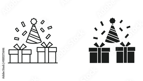 Celebration gifts with party hats and confetti