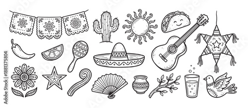 Collection of hand-drawn Mexican cultural symbols including a sombrero, guitar, cactus, and piñata in a black and white doodle style for festive holiday celebrations