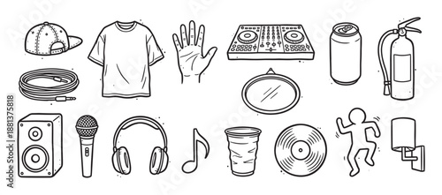 Collection of hand-drawn doodle icons related to music and party culture, including a DJ controller, speaker, microphone, headphones, vinyl record, and cap in a line art style