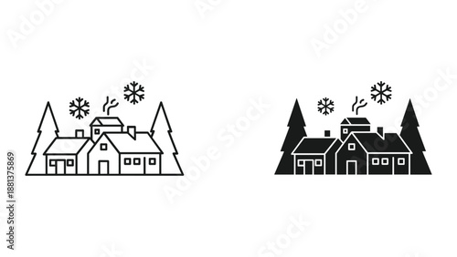 Cozy house in snowy landscape with trees and snowflakes