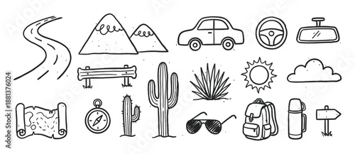 Hand-drawn black and white travel icons set featuring a car, mountains, cactus, map, and compass for a road trip adventure concept, drawn in a simple doodle sketch style
