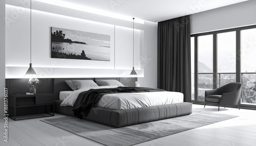 Modern, grayscale bedroom with large bed, art, window, chair, and minimalist design