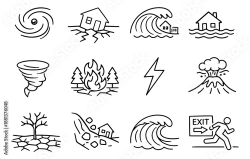 Hand drawn line art emergency and natural disaster icon set featuring a hurricane, earthquake, tsunami, flood, tornado, wildfire, lightning, volcano, drought, landslide, and evacuation