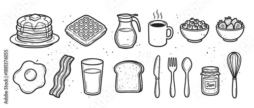 Hand-drawn breakfast food and drink icons set with pancakes, waffles, eggs, bacon, coffee, and berries in a vintage black and white doodle style illustration