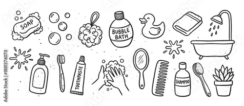 Hand drawn black and white bathroom icons set featuring soap, shampoo, toothbrush, and a rubber duck in a cute doodle sketch style for hygiene and self care concepts