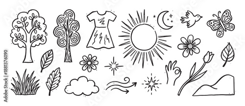 Set of hand-drawn doodle illustrations featuring various nature and lifestyle elements like a tree, sun, flower, and butterfly in a charming black and white line art style