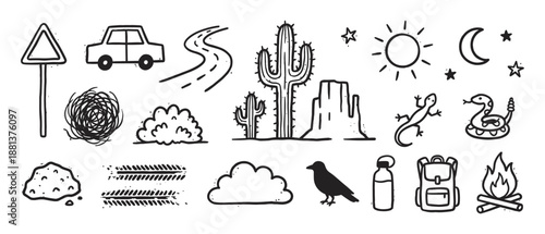 Hand drawn doodle icon set of desert road trip elements including a car, cactus, snake, and campfire in a simple black and white sketch style for travel and adventure concepts