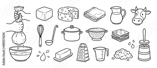 Set of hand-drawn cheesemaking icons showing the process and ingredients for dairy production, including a cow, milk, butter, and various kitchen utensils in a doodle style