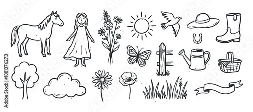 Collection of hand-drawn black line illustrations featuring countryside and farm life elements like a horse, girl, flowers, sun, and gardening tools in a cute doodle style