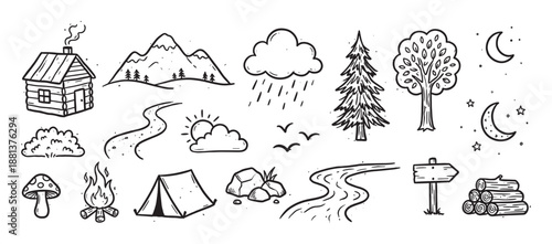 Hand-drawn black and white doodle set of camping and nature icons including a tent, campfire, mountains, trees, and moon in a simple sketch style illustration collection