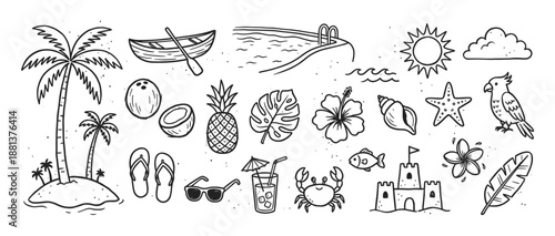 Set of hand-drawn summer vacation icons featuring a palm tree, pineapple, coconut, and other tropical beach elements in a black and white doodle style illustration