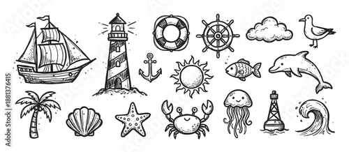 Set of hand-drawn nautical icons featuring a sailing ship, lighthouse, anchor, dolphin, and crab in a black and white doodle sketch style for summer and sea adventure themes