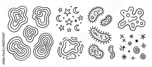 Hand-drawn collection of various abstract doodle shapes, cartoon microbes, stars, and decorative symbols rendered in a black and white minimalist sketch illustration style