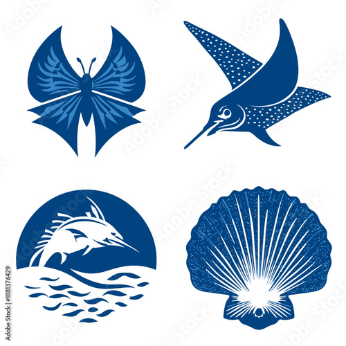 Collection of blue vector illustrations: butterfly, spotted eagle ray, marlin fish jumping, and scallop shell. Nature and marine life concept.