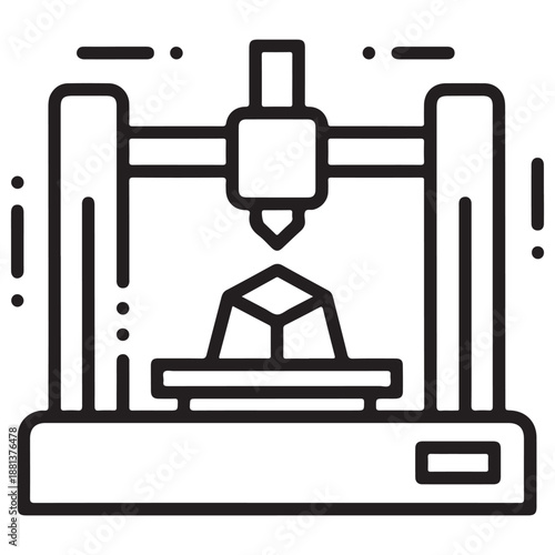Minimalist Line Art Icon: 3D Printer Creating Geometric Cube Shape