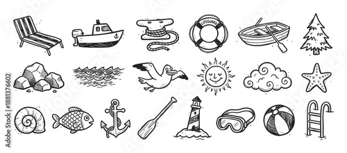 Hand-drawn collection of summer beach and sea icons in a black and white sketch style, including a lighthouse, boat, anchor, sun, fish, and other nautical vacation doodles