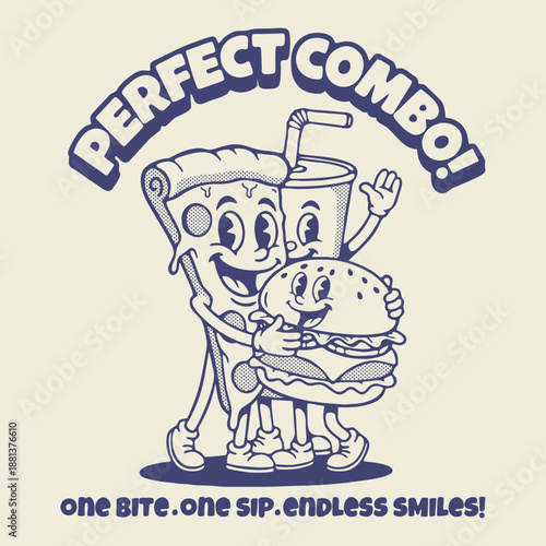 A cartoon retro-style illustration featuring a classic burger, pizza and soda combo, perfect for T-shirt printing and vintage-themed merchandise