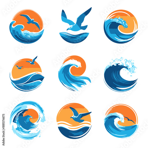 Collection of ocean wave, soaring seagull, and sunset illustrations. Vector marine icons for summer travel, beach holidays, and resort logos.