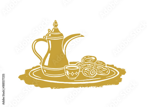 Traditional Dallah coffee and date fruit artwork. Arabian hospitality sketch design. Middle Eastern food illustration for t shirt print, poster, stick