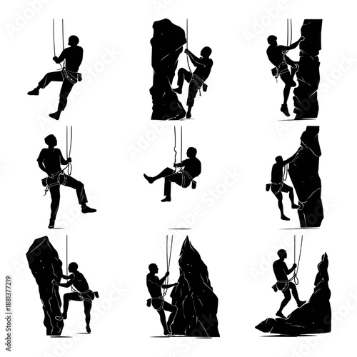Dynamic set of rock climbing and rappelling silhouettes. Extreme sport adventure, mountaineering, and outdoor activity vector illustration.