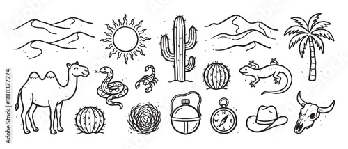Collection of hand-drawn desert illustrations featuring a camel, cactus, snake, scorpion, and other western elements in a simple black and white line art doodle style